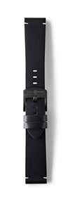 STR-L43: Matt Black with Cream Whip Stitch, Waxed Raw-Edged Leather, Tongue Buckle Strap