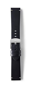 STR-L43: Matt Black with Cream Whip Stitch, Waxed Raw-Edged Leather, Tongue Buckle Strap
